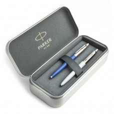 Parker Jotter Originals Blue ir Pearl Tušinukų dovanų rinkinys su metaliniu dėklu